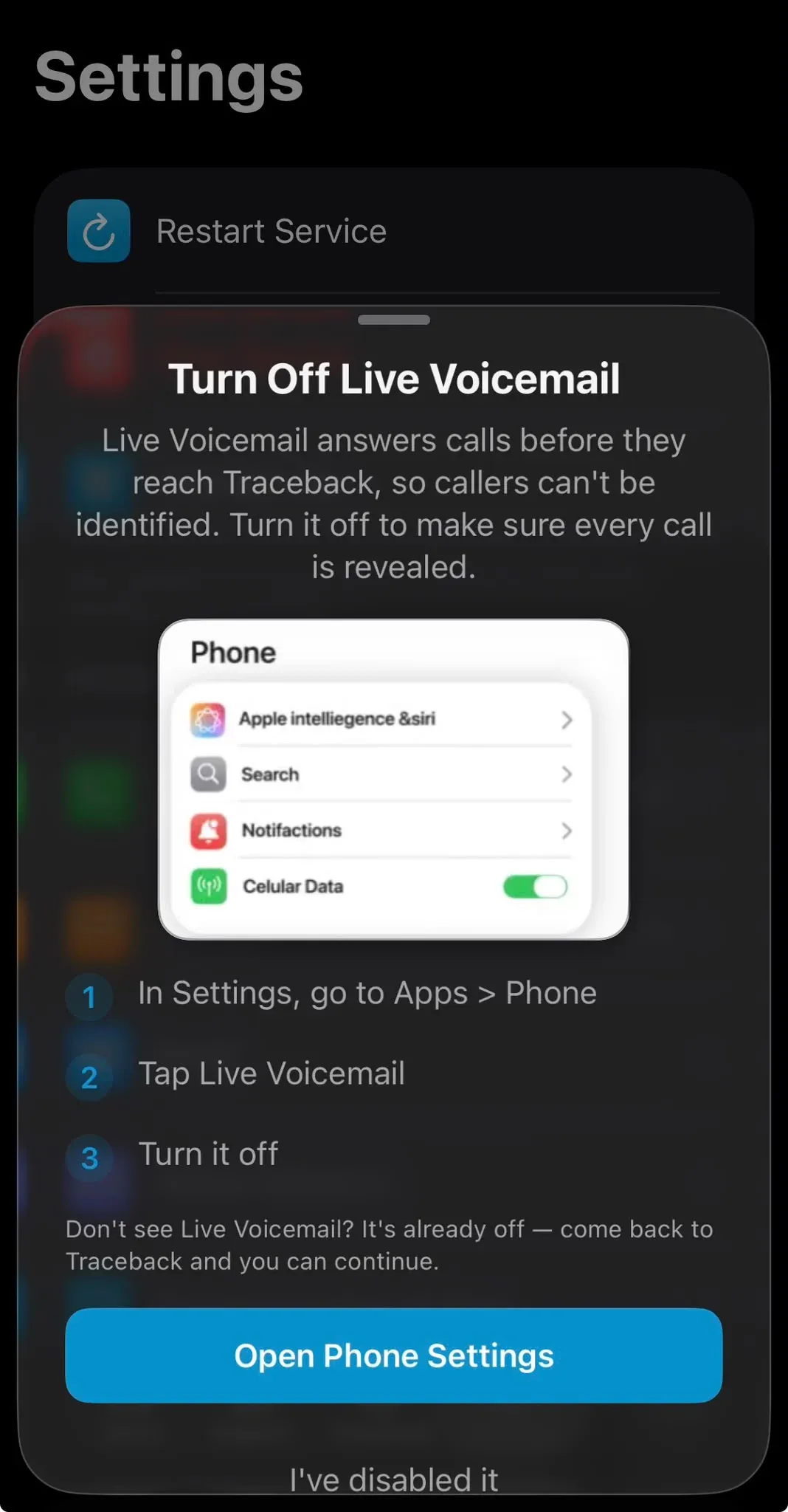 Traceback instructions to turn off Live Voicemail on iPhone