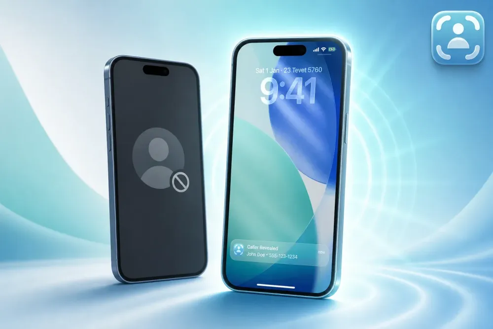 Split comparison of Nomorobo vs Traceback on two iPhones, with Traceback revealing hidden and No Caller ID calls on the lock screen