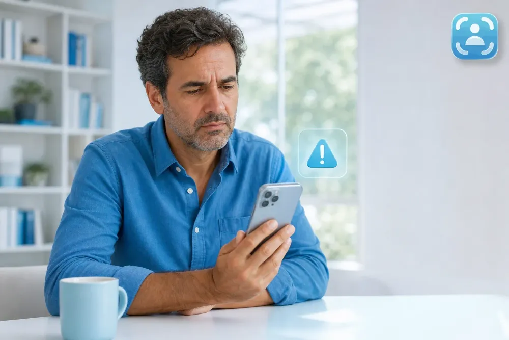 شخص ينظر بقلق لهاتفه على خلفية دعوى بنك لئومي ضد Meta بـ26 مليون شيكل (ILS) بسبب احتيال فيسبوك