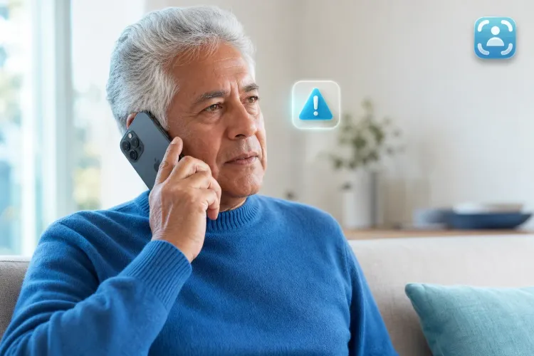 Elderly person speaking on phone concerned about AI voice cloning scam