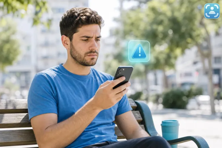 شاب يقرأ رسالة SMS مزيفة باسم بانغو على مقعد في حديقة، يصوّر احتيال تصيّد في رسائل نصية يستهدف مستخدمي تطبيق مواقف السيارات الشهير