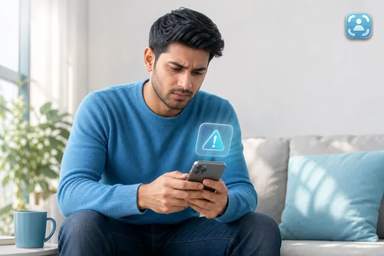 Young man reading suspicious AI-generated SMS message on smartphone