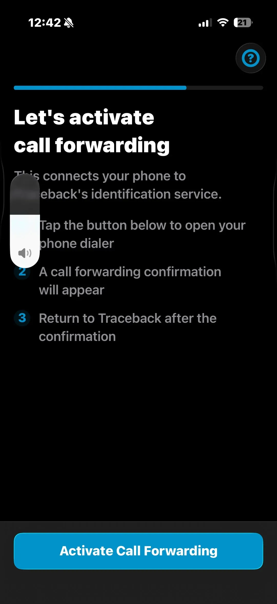 Traceback Let's activate call forwarding screen with the Activate Call Forwarding button